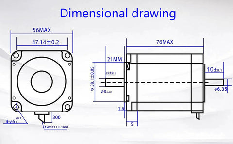 Dimensional drawing of NEMA 23 dual shaft stepper motor showing measurements.