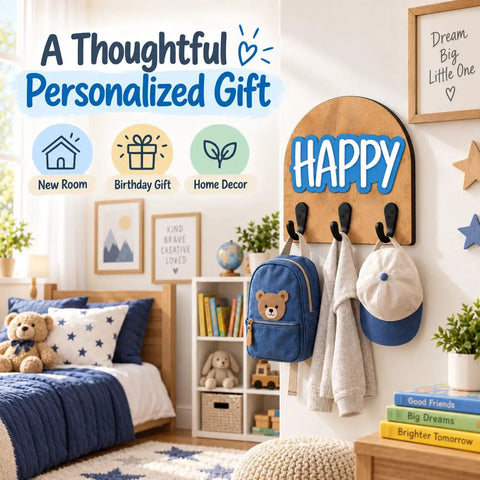 Personalized Wall Hook With Custom Name, Sweet Three Hook Wall Mounted Organizer For Backpacks And Coats in kids' room.