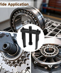 Two Jaw Bearing Puller For Auto Repair, Adjustable Dual Jaw Gear Remover shown near various bearings and gears