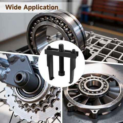 Two Jaw Bearing Puller For Auto Repair, Adjustable Dual Jaw Gear Remover shown near various bearings and gears
