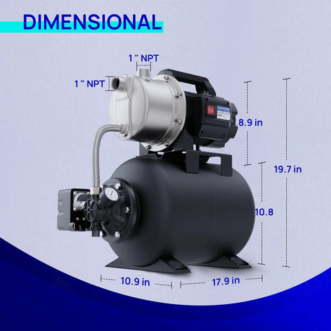 Shallow Well Garden Pump 115V Stainless Steel Jet Pump With 1.6 HP Motor, 1320 GPH Capacity, Automatic Water Booster, dimensions shown