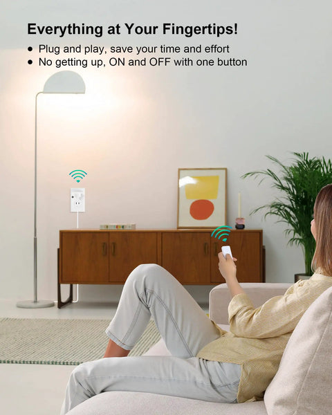 Person using Remote Control Outlet With 200 Ft Range Long Range Wireless Light Switch in living room for lamp
