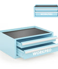 Small But Mighty 12.5 Inch Metal Tool Box With Two Drawers, Open Top Storage, PVC Liners, Magnetic Tabs, And Cold Rolled Steel Build