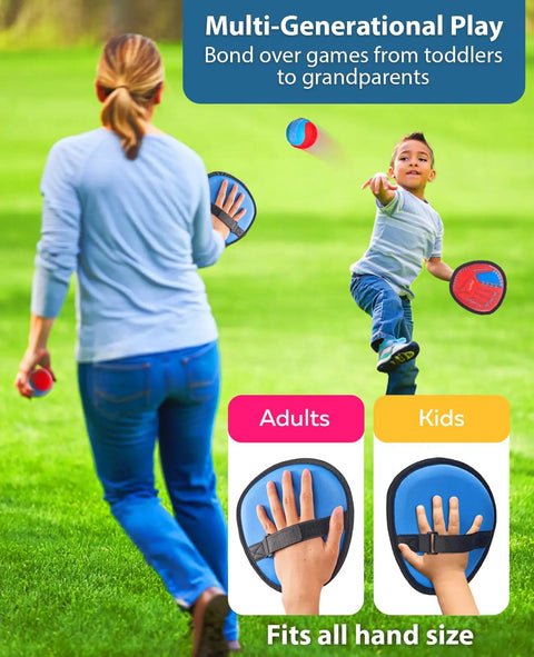 Child playing Toss And Catch Ball Game With Four Sticky Paddles For Kids in a park, demonstrating multi-generational play fun.