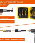 13 Piece Titanium Drill Tap Set With HSS Drill And Tap Bits SAE And Metric Plus Quick Change Adapter For Drilling Tapping Countersinking In Metalworking Pro Grade 3 In 1 Tool Yellow showing bits in a yellow case with conversion heads.