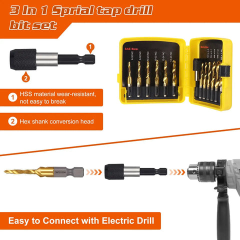 13 Piece Titanium Drill Tap Set With HSS Drill And Tap Bits SAE And Metric Plus Quick Change Adapter For Drilling Tapping Countersinking In Metalworking Pro Grade 3 In 1 Tool Yellow showing bits in a yellow case with conversion heads.