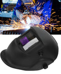 Stylish Ultralight Welding Helmet With Automatic Dimming For Serious Industrial Pros Featuring Durable ABS Construction And Solar Power To Keep You Safe During Long Heavy Duty Jobs Without The Weight Or Fatigue, shown at an angle with sparks in background.