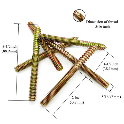 Top Shelf Heavy Duty Rock Solid 16 Pack 5/16 X 3 1/2 Inch Hanger Bolts Double Ended Wood Dowel Screws showcasing dimensions and gold plating.