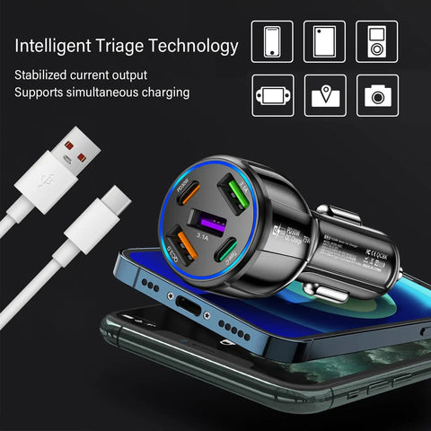 Upgraded Five Port Seventy Five Watt Car Charger Adapter With Ultra Fast Type C Plus Quick Charge Cigarette Lighter Plug on smartphone.