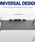 Large Under Desk Keyboard And Mouse Tray With Smooth Slider Rail System, Heavy Duty Quick Grip Clamp For Ergonomic Typing Comfort, White Finish dimensions and weight capacity.