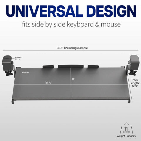Large Under Desk Keyboard And Mouse Tray With Smooth Slider Rail System, Heavy Duty Quick Grip Clamp For Ergonomic Typing Comfort, White Finish dimensions and weight capacity.