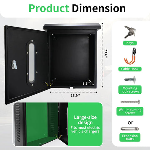 Open view of Outdoor EV Charger Lock Box Hella Secure Storage Enclosure, black steel, dimensions 23.6" x 16.9" x 8.3" with keys.