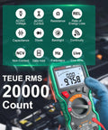 Digital Multimeter With Capacitor Tester For DIYers, TRMS, 20000 Counts, Auto Range in use measuring voltage with features display.
