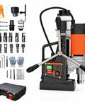 Heavy-Duty 1650W Magnetic Drill Press With One Point Five Seven Inch Boring Diameter And Adjustable Speed Control For Steel with tools and accessories.