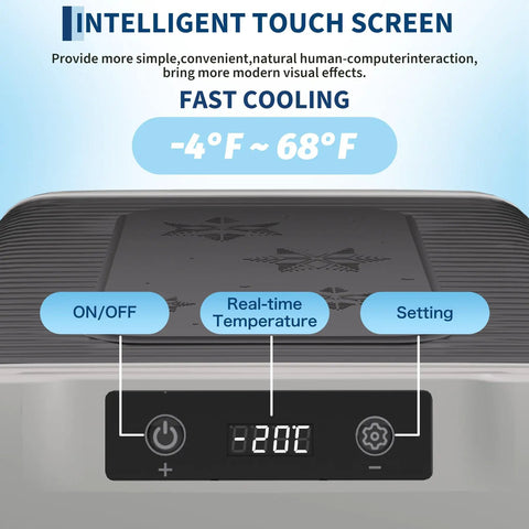 12 Volt Portable Car Refrigerator And Compressor Cooler With 19 Quarts showing intelligent touch screen with temperature settings