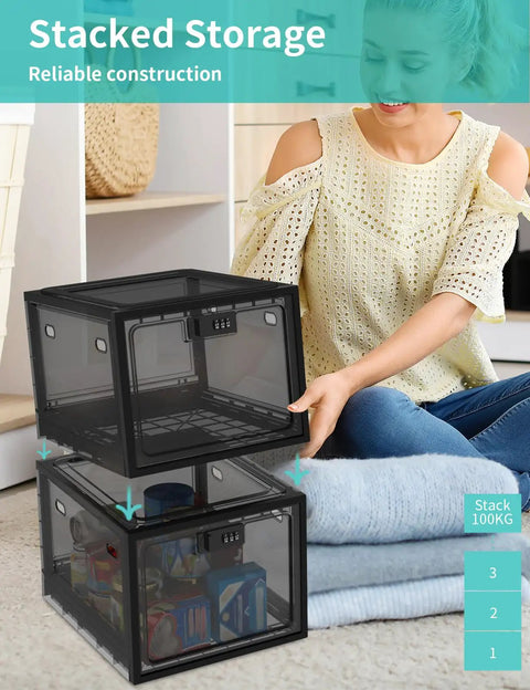 Keep Your Stash Locked Up Tight With This 10 Liter Combo Lock Storage Box That Safely Holds Meds Snacks And Phones Featuring Smooth Dial Access For Dorms Or Office Setups In Black, shown being used stacked with snacks inside.