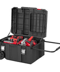 VersaStack 30 Gallon Quick Access Rolling Tool Chest With Half Lid Top displaying interior with tools, durable storage on wheels.