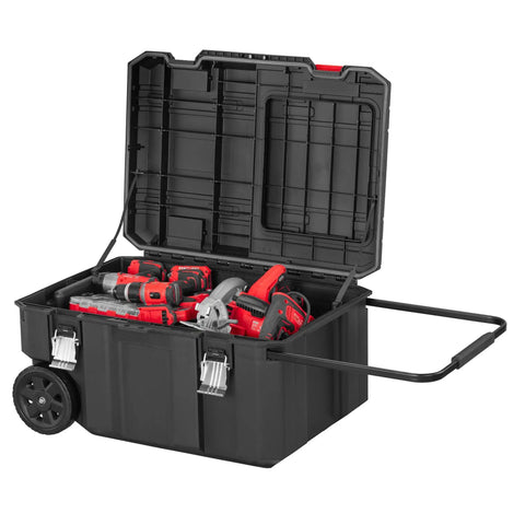 VersaStack 30 Gallon Quick Access Rolling Tool Chest With Half Lid Top displaying interior with tools, durable storage on wheels.