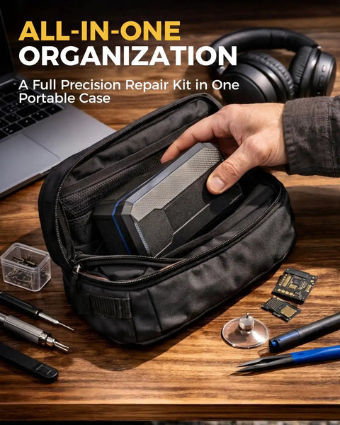 Hand placing 160 In 1 Mini Electric Cordless Screwdriver Kit with 140 S2 bits into a portable case for PC electronics repair.