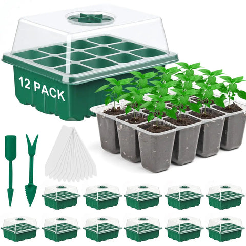12 Pack Seed Starter Tray Set With 144 Cell Germination Trays And Humidity Adjustable Dome For No Fuss Seed Starting And Plant Germination