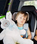 Child sleeping in car seat with toys, visible 4 Pack Car Window Screen Mesh Shades For Front And Rear Windows Breathable Privacy Sun Covers