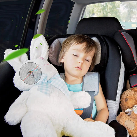 Child sleeping in car seat with toys, visible 4 Pack Car Window Screen Mesh Shades For Front And Rear Windows Breathable Privacy Sun Covers