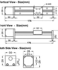 Technical diagrams of 4 Inch Stroke Mini Linear Rail Stage Actuator For DIY CNC Router with dimensions and views