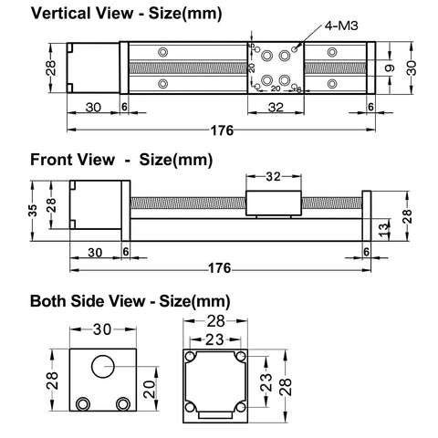 Technical diagrams of 4 Inch Stroke Mini Linear Rail Stage Actuator For DIY CNC Router with dimensions and views