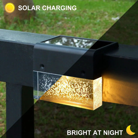 6 Pack Solar Deck Lights LED 10 Lumen Outdoor Lighting For Fence Patio Garden Yard Backyard Waterproof With 2 Lighting Modes Warm White Color Changing Acrylic Bubbles, mounted on a fence
