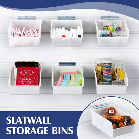 Six Pack Slatwall Bins With Hooks Set For Wall Mounted Storage showing six white bins with various accessories