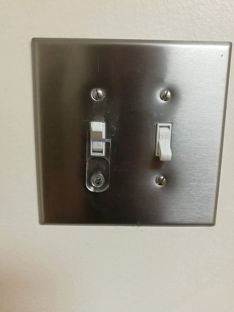 Clear Toggle Switch Plate Guard 6 Pack Keeps Switches From Being Accidentally Flipped On Or Off on metal plate with clear shield