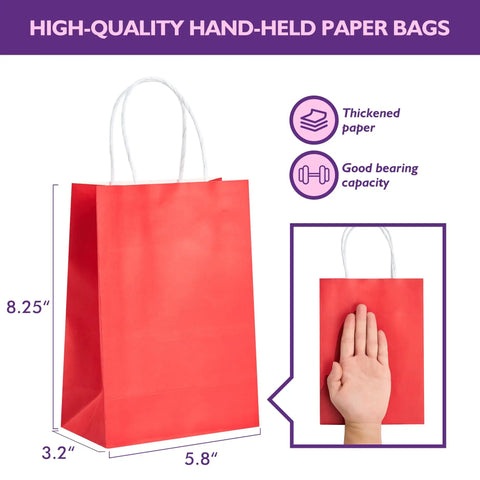 Red gift bag from 32 Pack Small Gift Bags With Handles Colorful Party Favor Bags 5.8 By 3.2 By 8.25 Inches Bulk Gift Bags