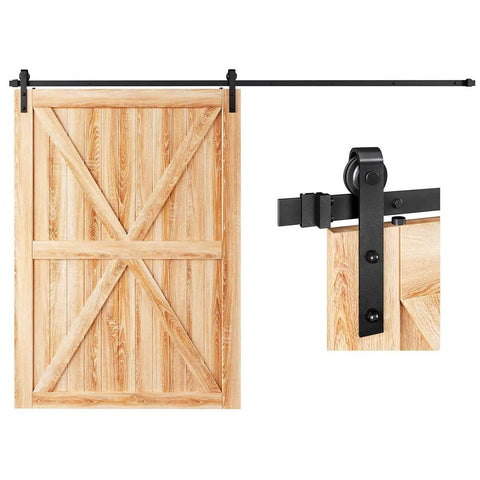 Ten Foot Sliding Barn Door Hardware Track Kit With J Pulley And Ball Bearing Rollers for 60 Inch Wide Single Door, installed view