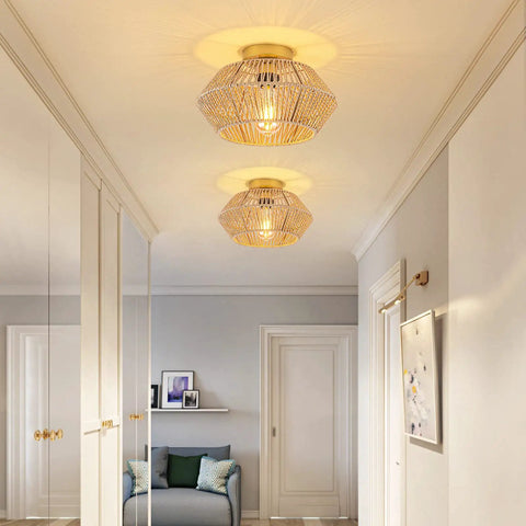 Cozy Boho Rattan Ceiling Light With Handwoven Cage Shade 12.6 Inch Coastal Semi Flush Mount for bedroom hallway gold finish