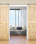 7 Foot Barn Door Hardware Sliding Track Kit In Stainless Steel Heavy Duty For Double Wood Doors With Y Shape Hangers in home setting