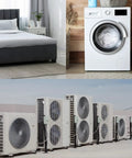 Room with bed, washing machine, and outdoor HVAC units for illustrating Rock Solid Heavy Duty Rubber Vibration Pads 4 Pack 50mm Square 10mm Thick Isolation Mats Non Slip Anti Skid Noise Reduction For HVAC Systems Compressors And Air Conditioners