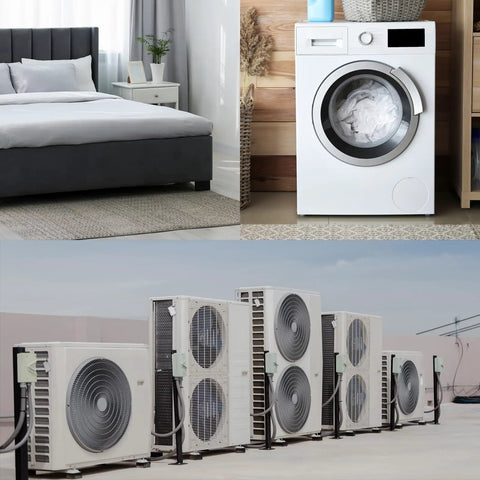 Room with bed, washing machine, and outdoor HVAC units for illustrating Rock Solid Heavy Duty Rubber Vibration Pads 4 Pack 50mm Square 10mm Thick Isolation Mats Non Slip Anti Skid Noise Reduction For HVAC Systems Compressors And Air Conditioners