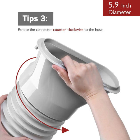 Hand rotating connector of Portable Air Conditioner Exhaust Hose 5.9 Inch Outer Diameter, 78 Inch Length, showing counterclockwise threading.