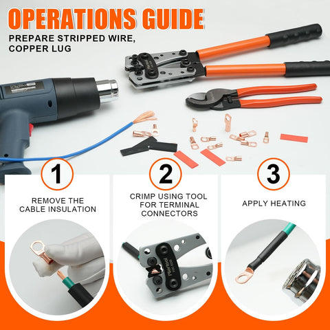 Beefed Up Battery Cable Crimping Tool Kit For Heavy Duty Automotive Wiring Includes Wire Cutter 60 Copper Lugs 60 Heat Shrink Tubing And Terminal Connectors For AWG 10 To One Zero Gauge