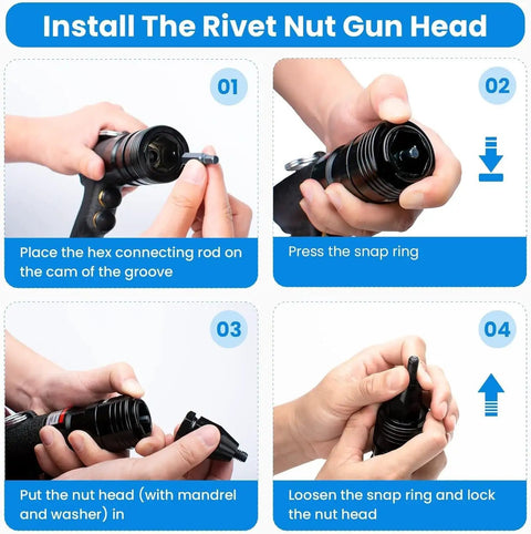 Heavy Duty Pneumatic Riv Nut Gun Kit With Adjustable Speed Trigger And Four Versatile Heads For 10-24, 1/4, 5/16, And 3/8 Inches Plus Extra Mandrels For Serious Pros Who Need A Top Notch Tool installed on air-powered rivet nut gun head