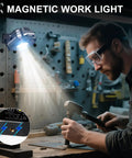 Magnetic Rechargeable Work Light 500 Lumens LED Flood Light in use for hands free auto repair with magnetic base on workbench.