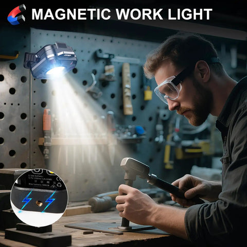 Magnetic Rechargeable Work Light 500 Lumens LED Flood Light in use for hands free auto repair with magnetic base on workbench.