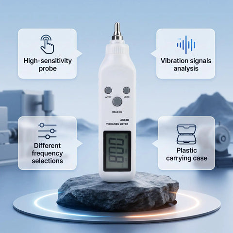 Pen Style Vibrometer With High Sensitivity Accelerometer Digital Vibration Meter And Handy Tester For On The Go Diagnostics AS63D Portable Vibration Analyzer With Storage Case, white handheld unit