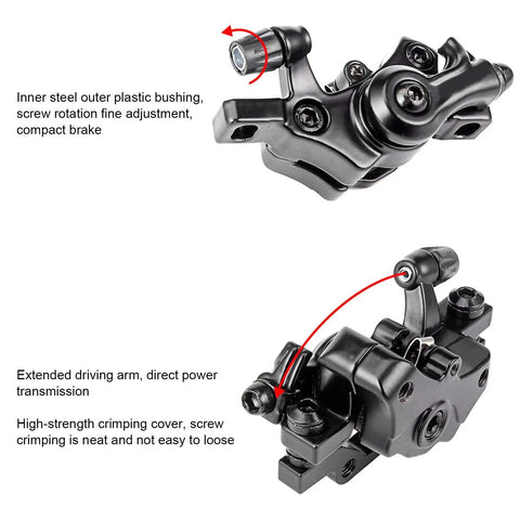 Heavy Duty Mechanical Disc Brake Kit For Mountain And Folding Bikes Featuring Rock Solid Aluminum Calipers close-up of compact brake assembly with adjustment features.