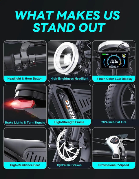 Features of Powerful Fat Tire Electric Bike For Adults With Rack Moped Style E Bike 48V 25Ah Battery 20x4 Inch Fat Tires