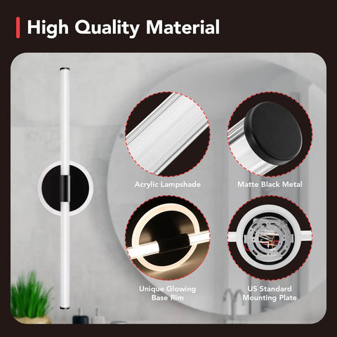 Components of 24 Inch Black LED Vanity Light Bar 18W Dimmable With Color Temperature Options 3000K 4000K 5000K Over Mirror Bathroom Fixture