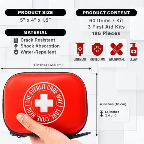 Everlit Care Mini-Aid first aid kit, front view, red zip case with white cross logo.