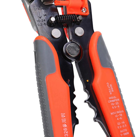 Close-up of Pro Grade Self Adjusting Wire Stripper And Crimping Tool With Cutting Chrome Alloy Steel Construction Handles 0.2 To 6.0mm Wires Ergonomic Grip For Electricians Repair And Installation Projects, showing grip and markings.
