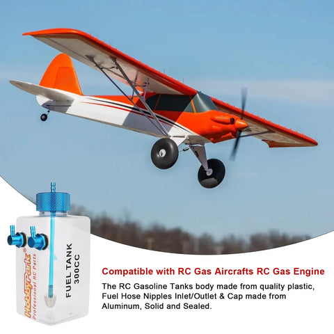 Preassembled RC Gas Fuel Tank For Gasoline Planes And RC Engines, 300cc Capacity, with airplane in flight.