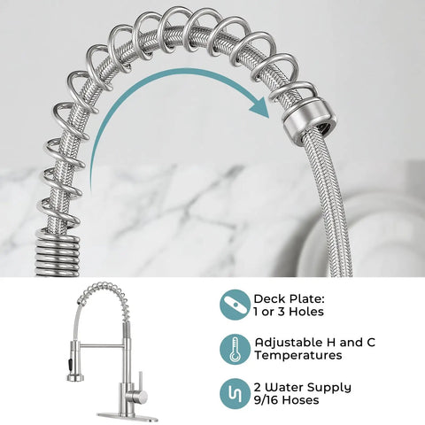 Smooth Operator Pull Down Kitchen Faucet With Brushed Nickel Finish, detailed 360 swivel spout and adjustable temperature settings.
